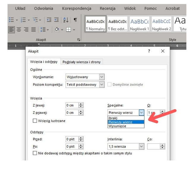 jak ustawić wcięcie akapitowe